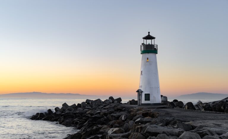 Lighthouse overlooking the bay at sunset